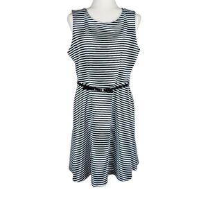 George Pastel Blue and Black Striped A-Line Belted Dress, Size 12-14